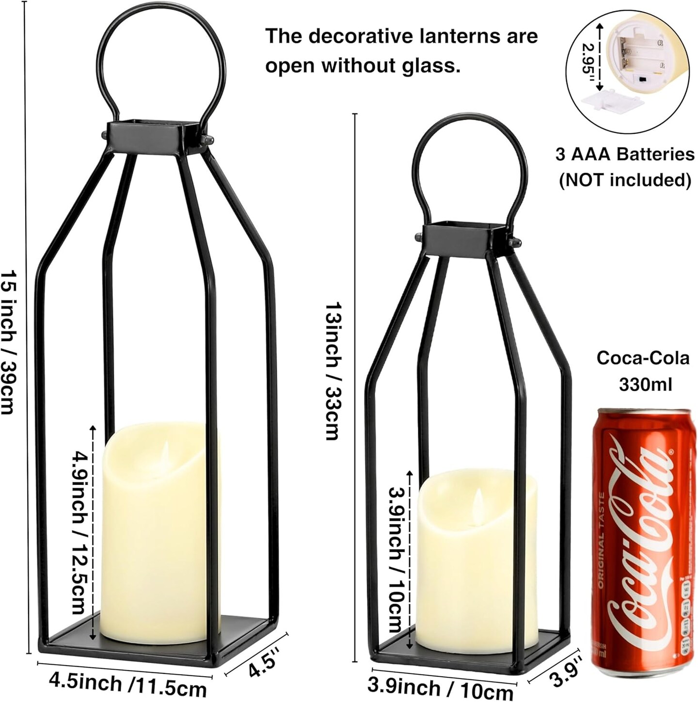 Modern Farmhouse Lantern Decor, 15&#x27;&#x27; 13&#x27;&#x27; Set of 2 Black Metal Lanterns, 2 LED 6hr Timer Flickering Flameless Candles, Lanterns Decorative for Outdoor Decor