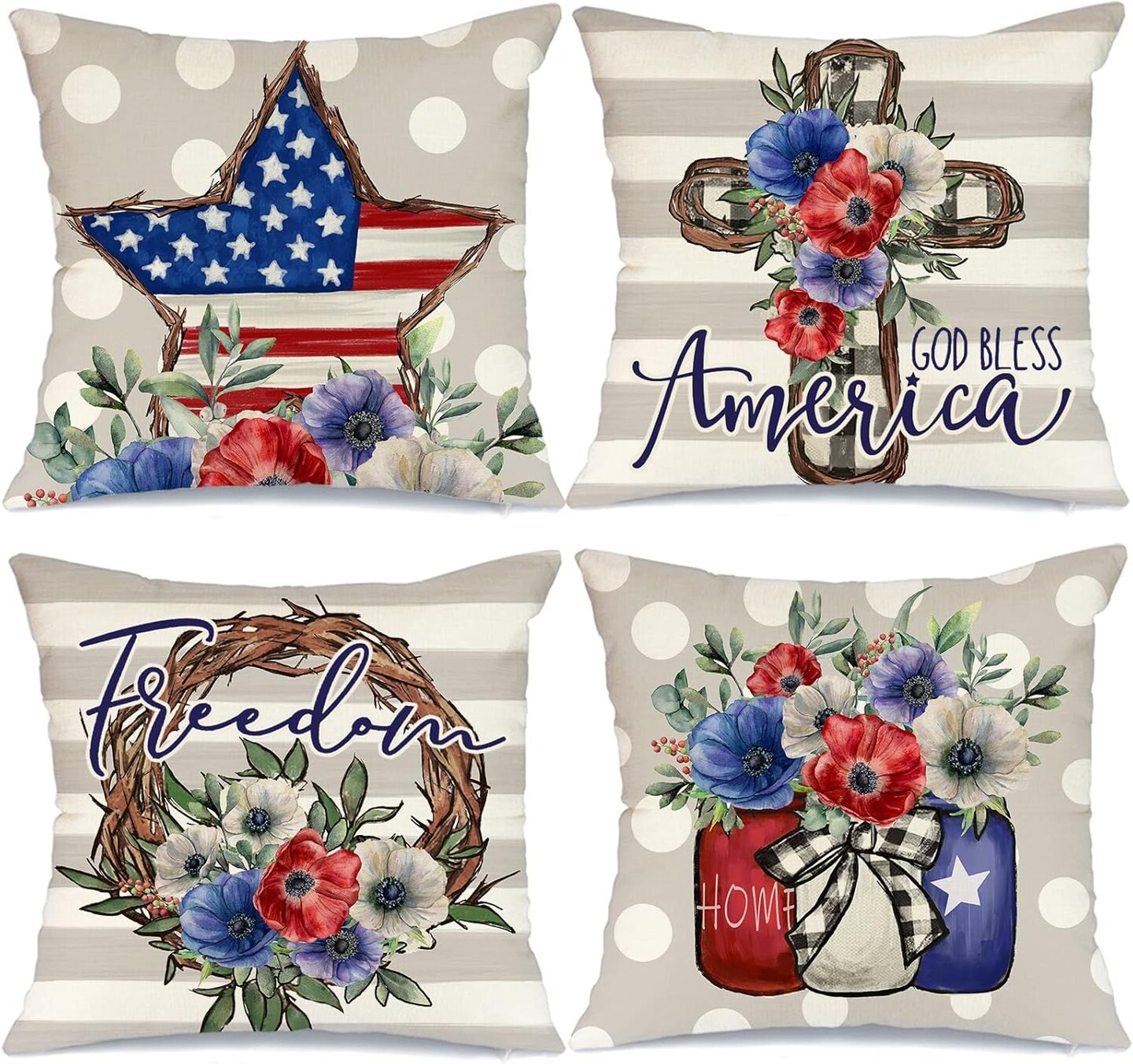 18x18 Set of 4 Polka Dots Star Pillow Covers for 4th of July Decorations