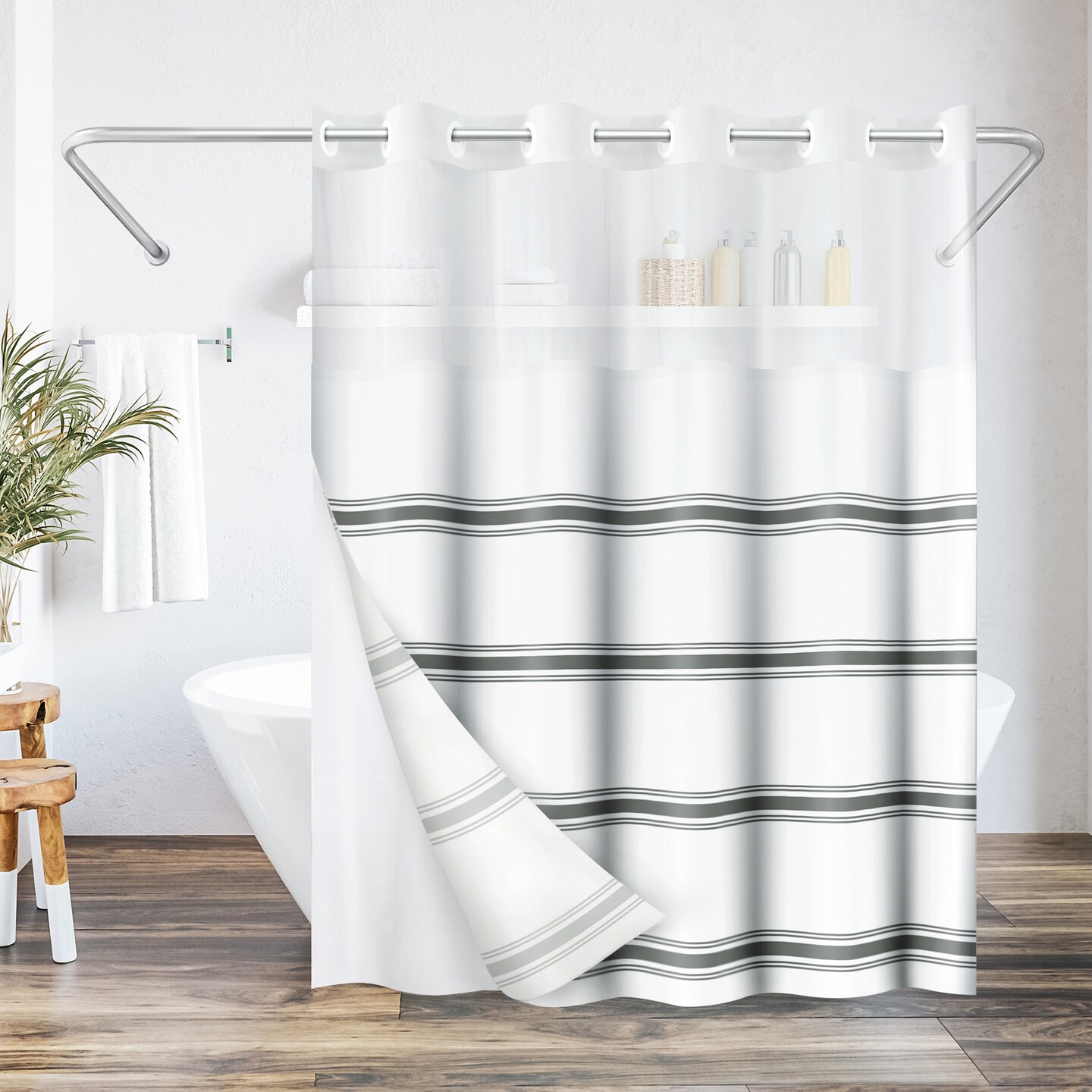 Americanflat 72x75 Hookless Shower Curtain - Water-Resistant Shower Curtain with Sheer Panel, Snap-In Liner, and Grommets - 100% Polyester