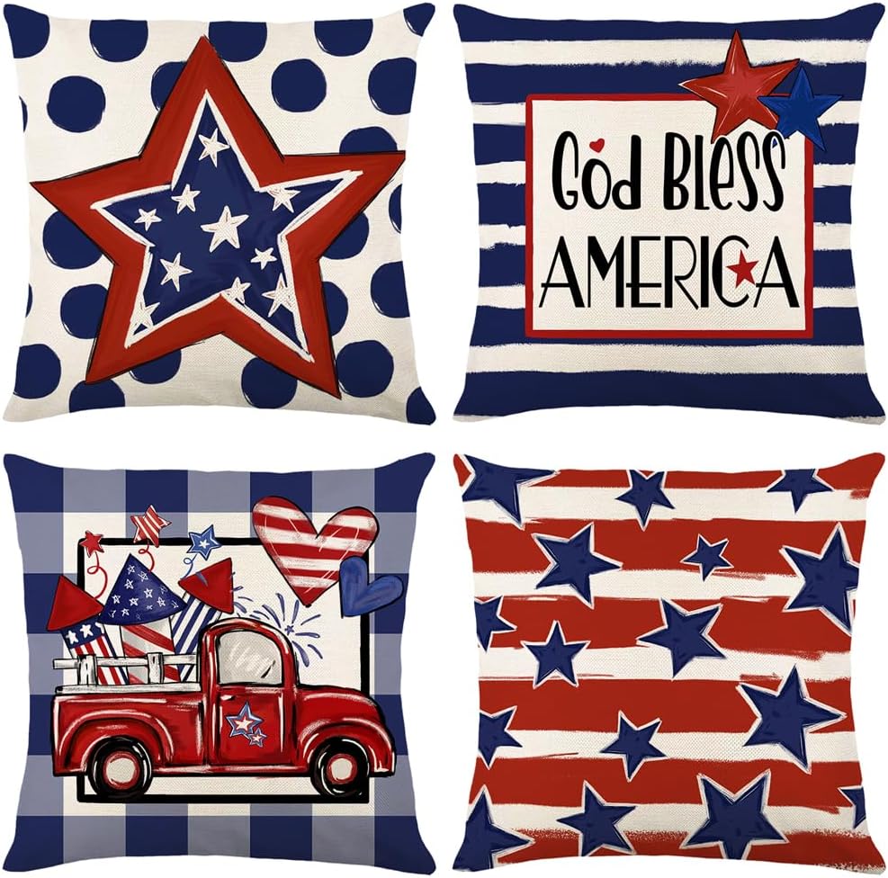 4 Pack Throw Pillow Covers for 4th of July Decorations