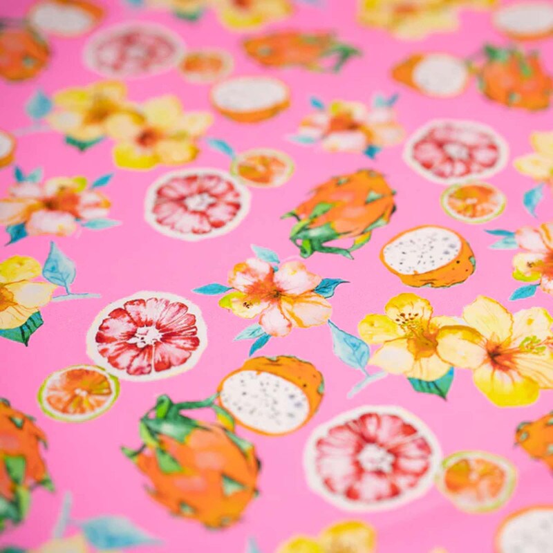 Exotic Fruits and Yellow Hibiscus Flowers on Pink Printed Spandex Fabric
