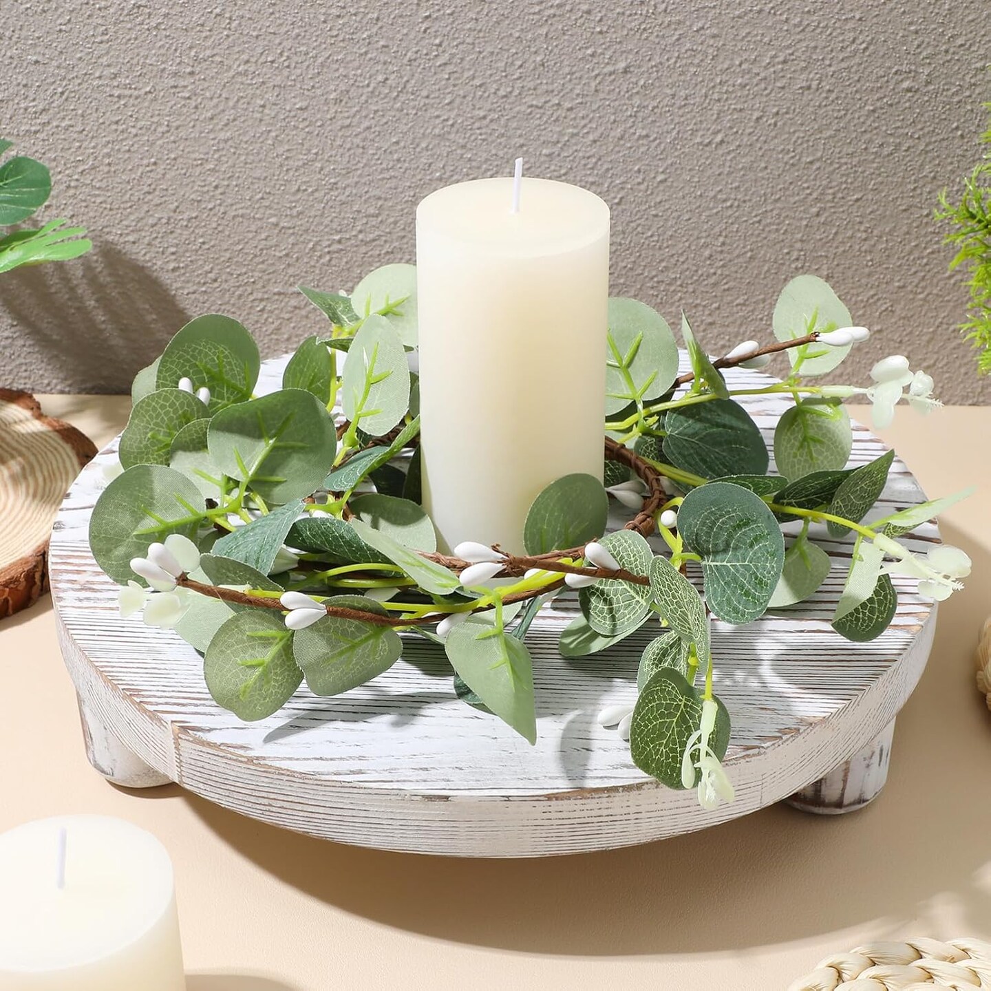 Easter Candle Rings 2pcs Artificial Eucalyptus Leaf Wreaths for Spring Home Decor