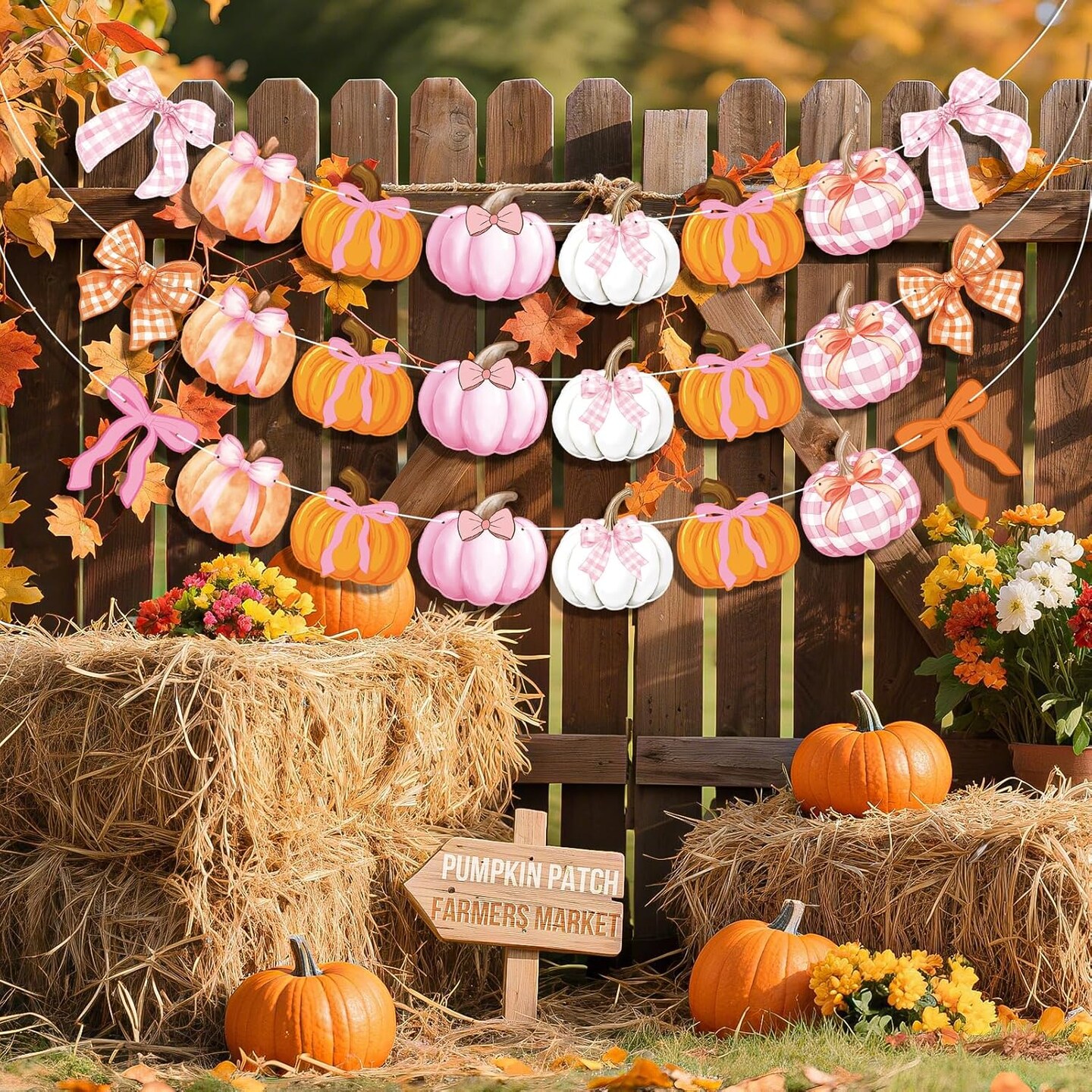 3Pcs Pumpkin Bow Banner (&#x9;Pink, Orange)