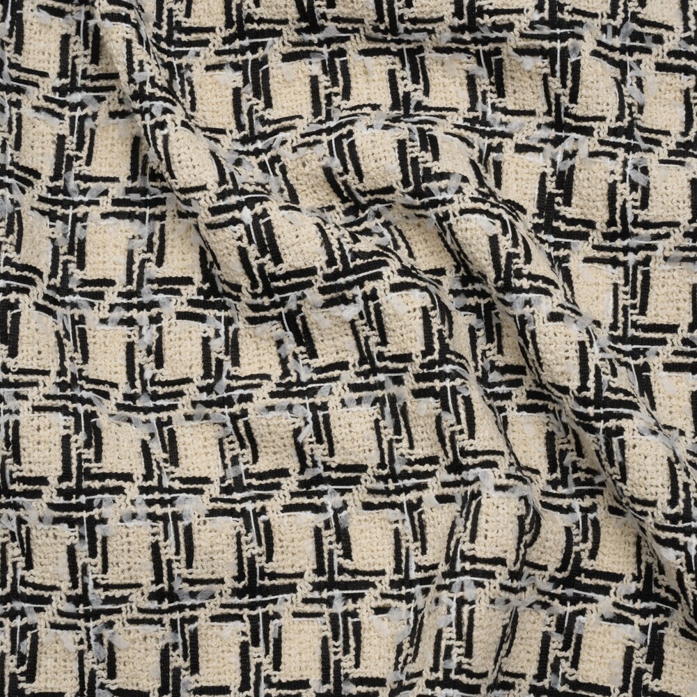 1 Yard Wool Blend Boucle Tweed Ivory and Black Houndstooth Deadstock