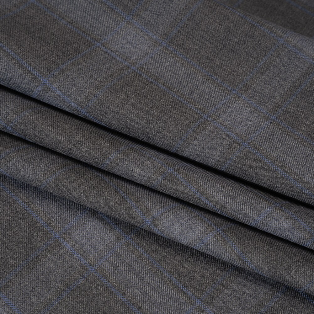 1 Yard Super 130s Wool Twill Suiting Gray and Sky Blue Plaid 60 inch Width