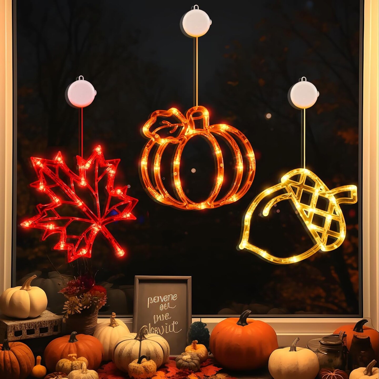 Fall Decor Window Lights 2026 – Thanksgiving LED Maple Leaves Pumpkin Acorn Lights Battery Operated Autumn Decorations with Timer & Suction Cups for Home Windows Indoor Seasonal Decor