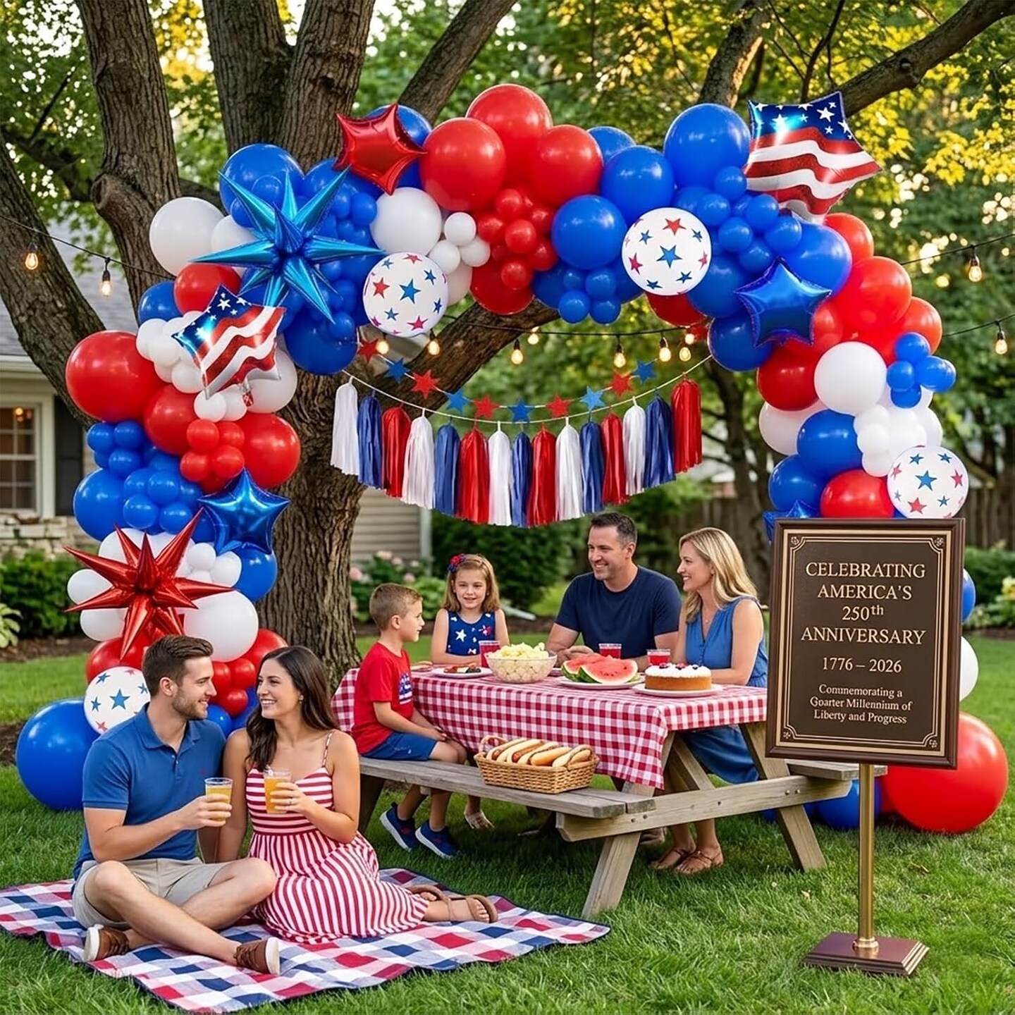 Patriotic Red White and Blue Balloon Garland Arch Kit with Flag & Star Foil Balloons – America 250th Anniversary, 4th of July, Independence Day, Memorial Day & Veterans Day Party Decorations with Tassel Banner