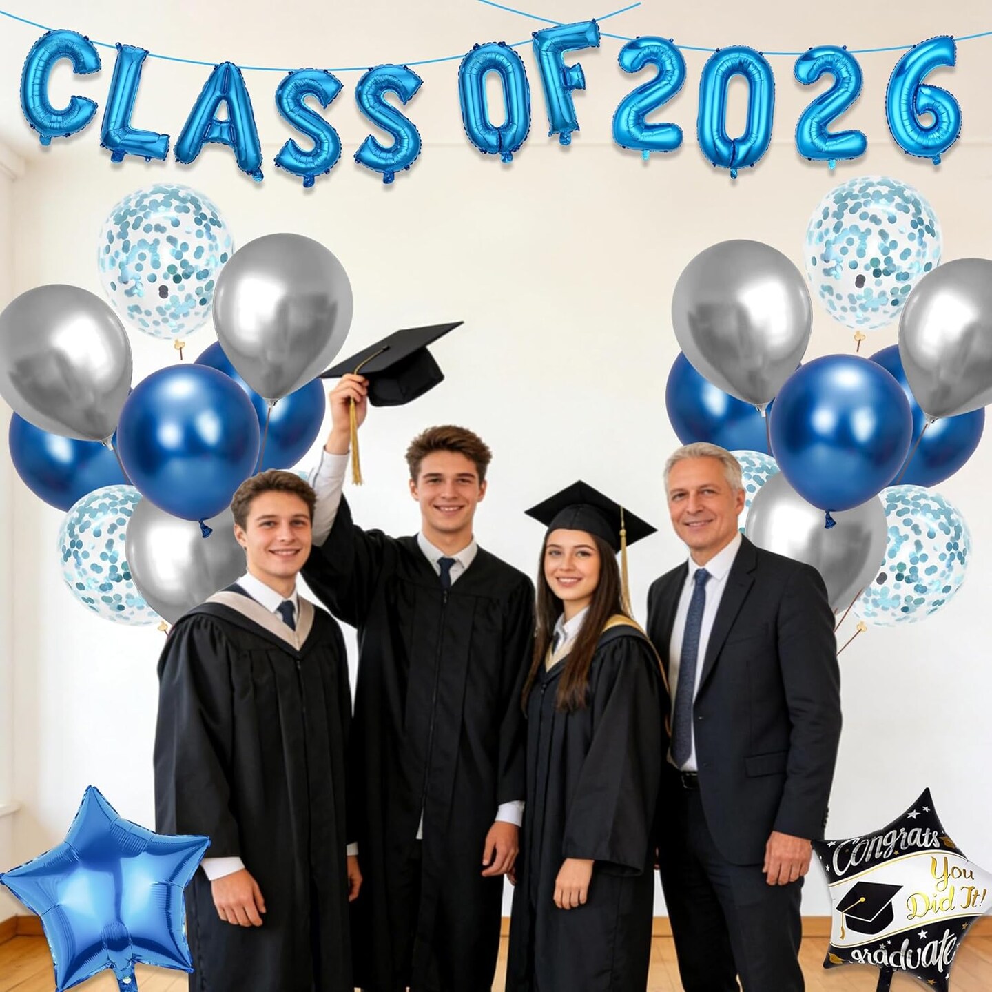 Graduation Party Decorations 2026 Balloons - 27 Pcs Blue Class Of 2026 Banners Foil Graduation Cap Star Balloons Latex Balloon Set For High School College Graduation Party Decor Supplies