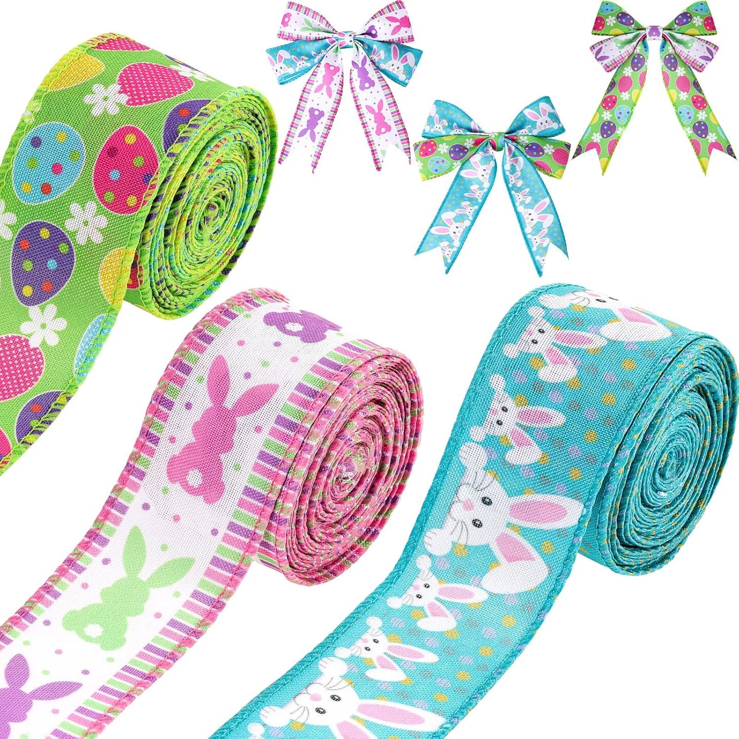 Easter Decorative Wired Ribbons 3 Rolls 20 Yards Bunny Egg Wired Edge Polyester Ribbon DIY Assorted Fabric Ribbons for Wreaths, Present Wrapping, Bow Decoration
