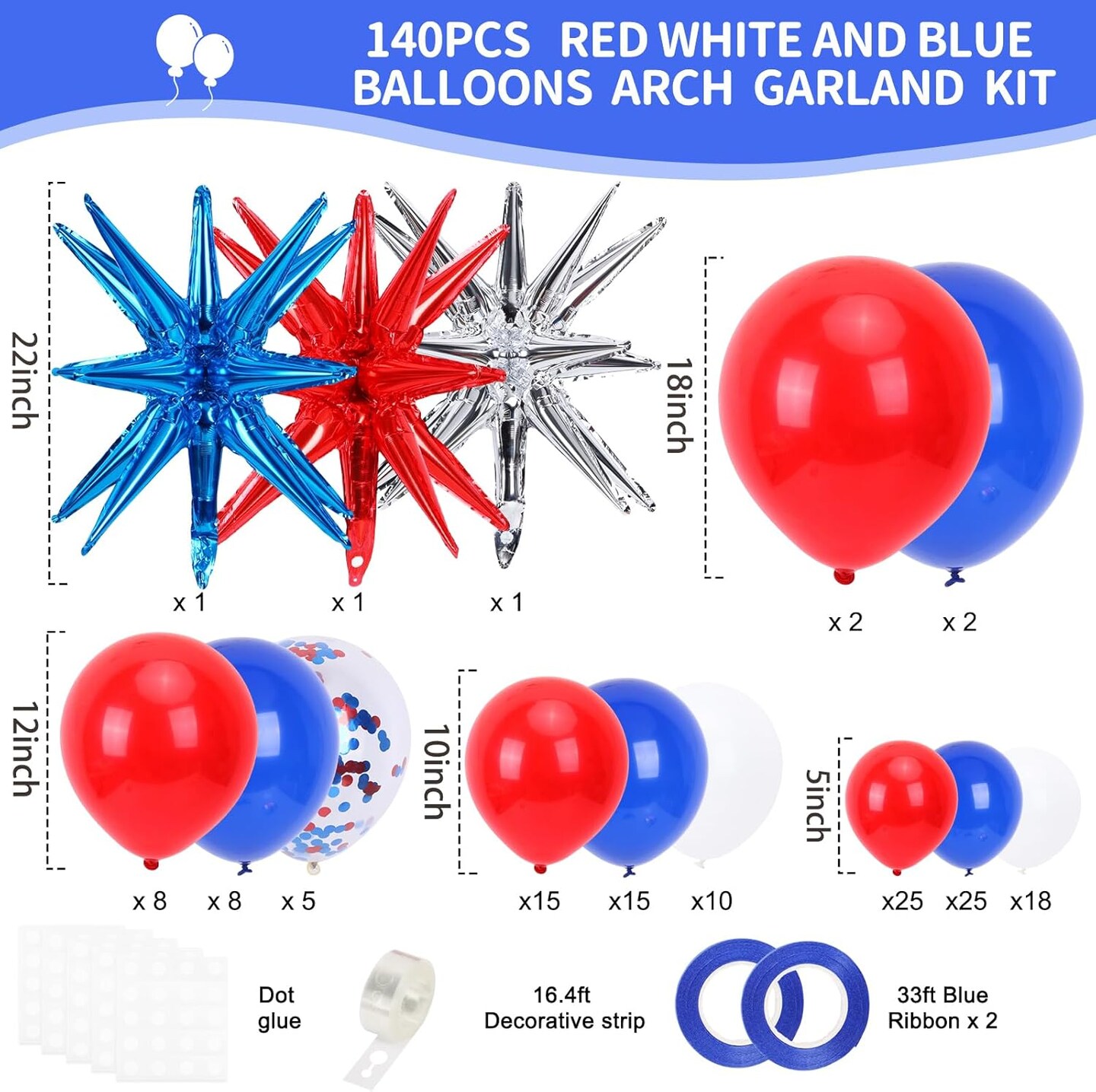 140PCS Red White and Blue Balloon Arch Kit – Patriotic 4th of July Balloons with Star & Confetti Balloons for Graduation, Baseball, Nautical, Birthday & USA Theme Party Decorations