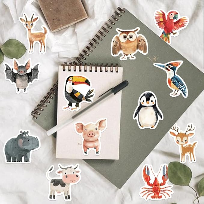 50 Pcs Cute Animal Stickers for Kids, Waterproof Vinyl Zoo/Farm/Sea/Wild Animals Decals for Water Bottle, Laptop, Scrapbook, Silly Mammals Reptiles Birds Fish