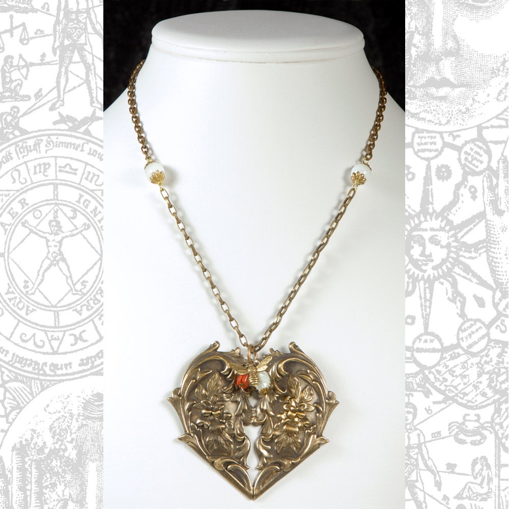 Antiqued Brass Floral Filigree Victorian Heart Pendant - AB-P02