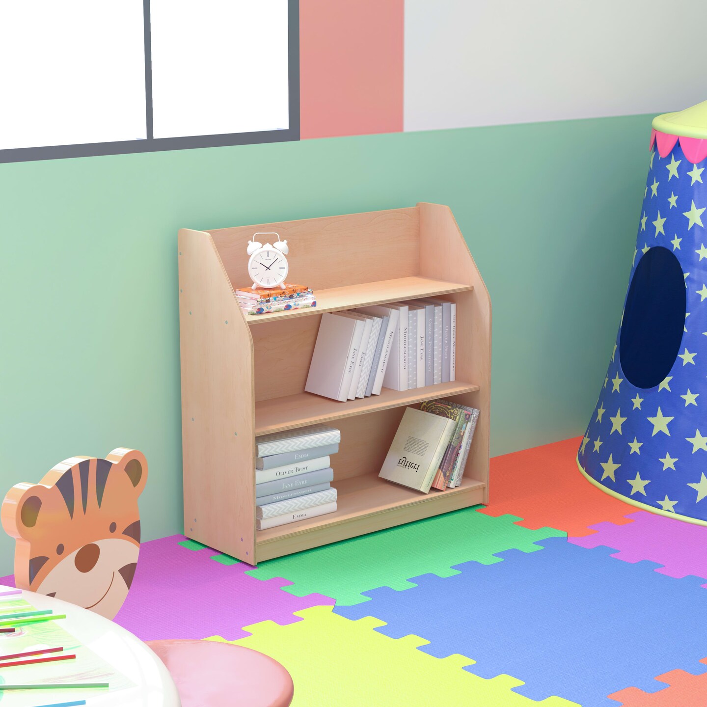 Emma and Oliver Kid&#x27;s Wood Book Storage Shelf with 4 Storage Slats and Child-Friendly Curved Edges; Recommended for Ages 5-7