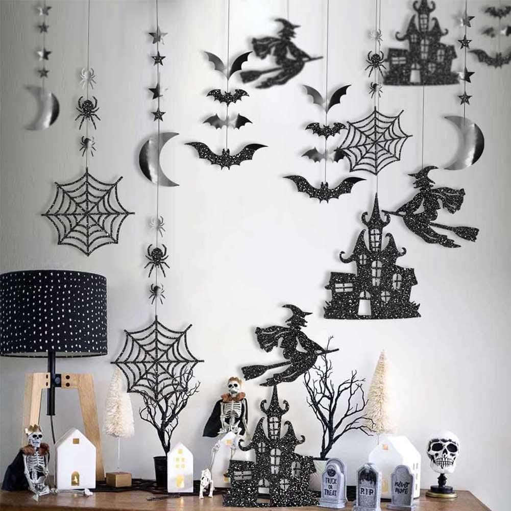 Halloween Witch Garland for Haunted House Decoration Black Glitter Gothic Sticker Decals Star Moon Hanging Streamers Backdrop for Halloween Party Birthday Baby Shower Office Classroom Decor