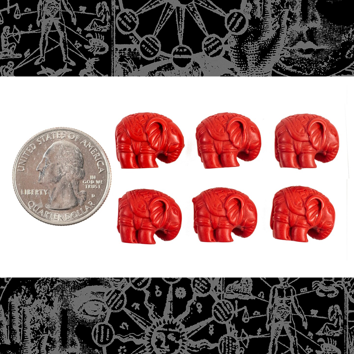 Red Carved Cinnabar Elephant Beads - Set of Six - XXX - Bead-B75