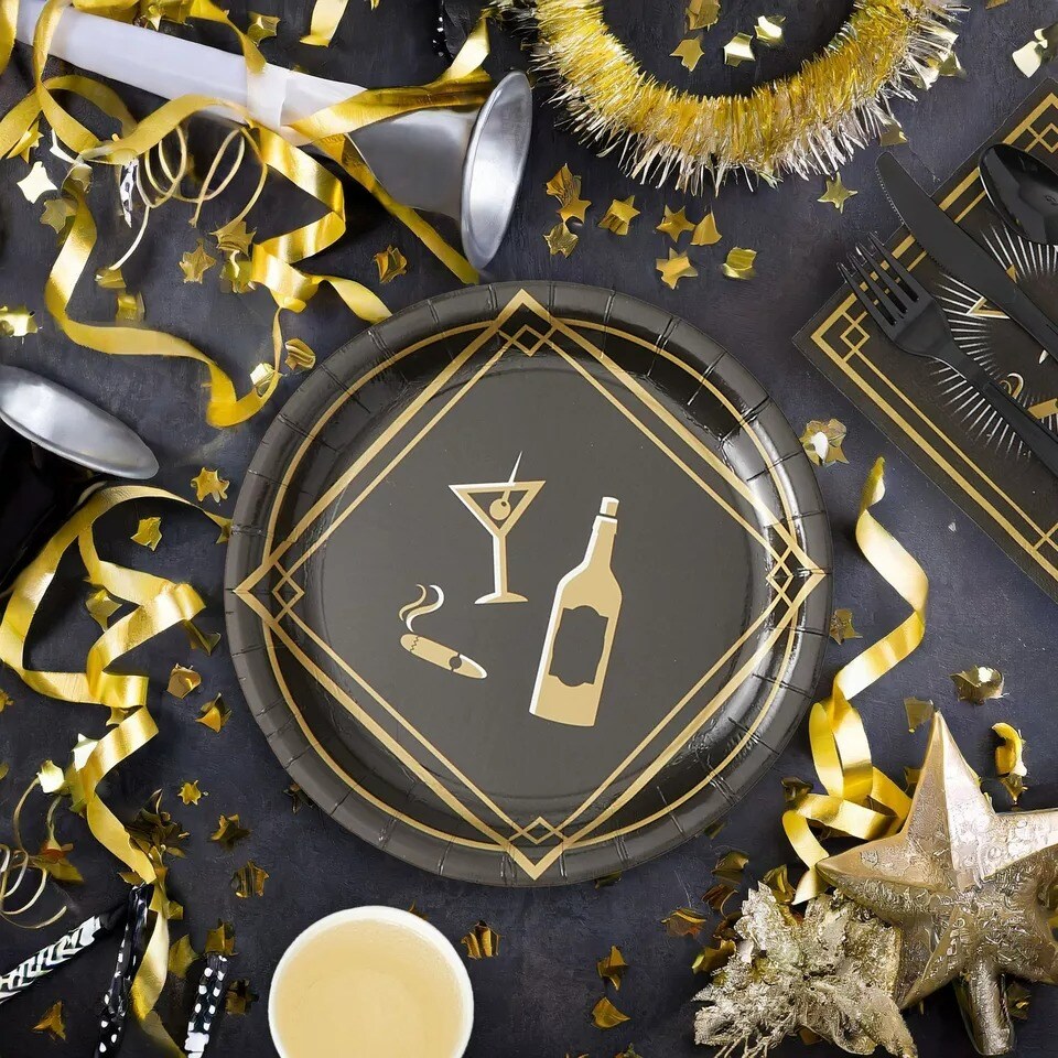 144 Piece Roaring 20s Disposable Dinnerware Set for 1920s Theme Party, Serves 24