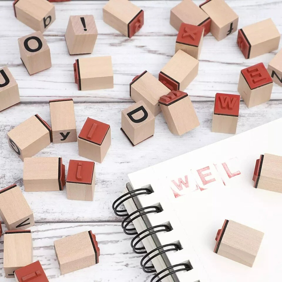 60-Piece Wood Alphabet Stamp Set, Upper and Lowercase Letters with Symbols
