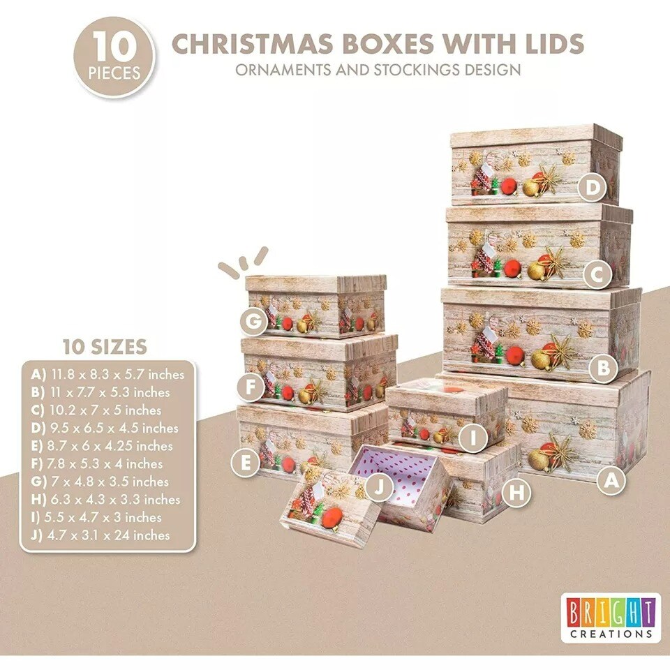 10 Pk Nesting Christmas Gift Boxes with Lids for Presents in 10 Sizes