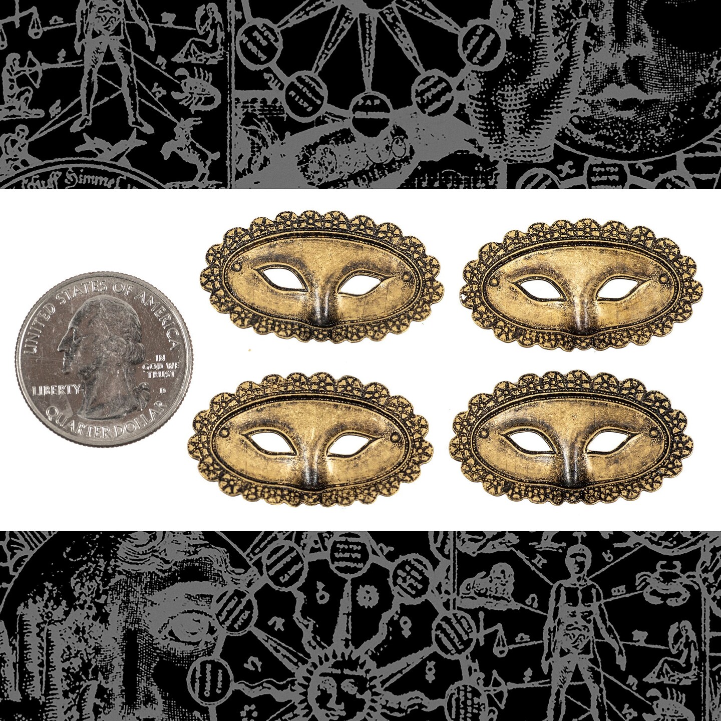 Antiqued Brass Smaller Mask Charms - Set of Four - AB-C216