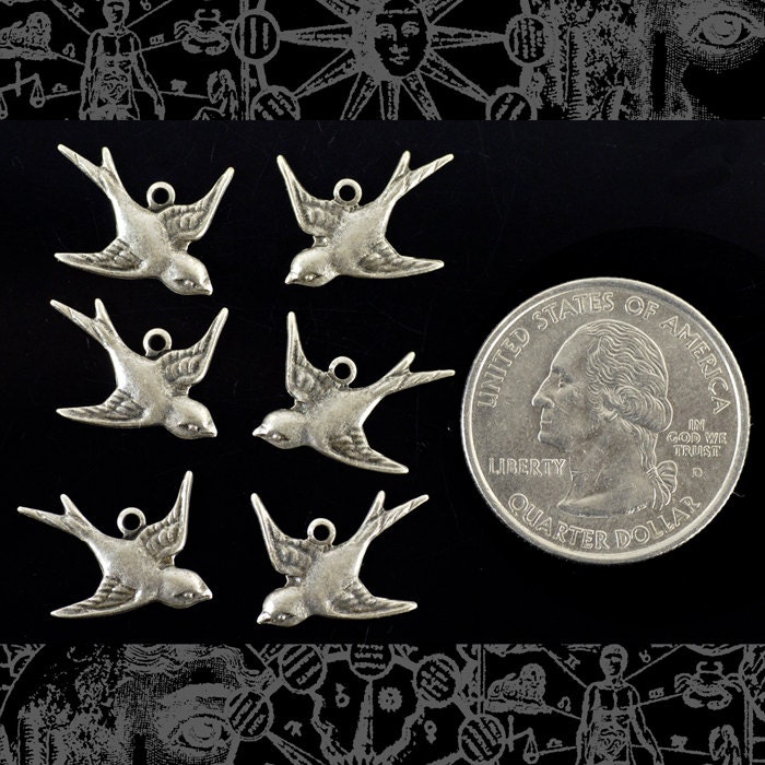 Antiqued Silver Plated Brass Flying Sparrow Charms - Set of Six - S-C03