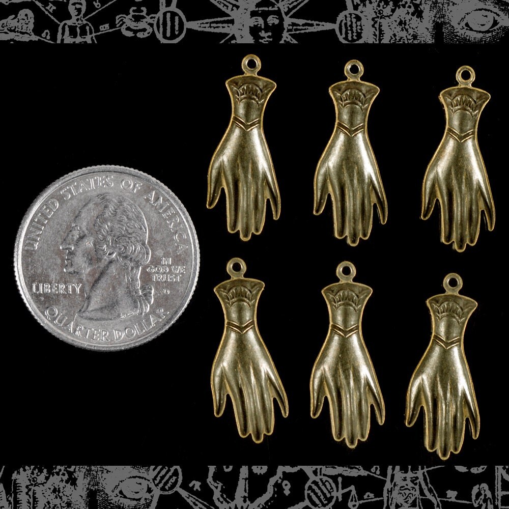 Antiqued Brass Hand Charms with Ring on Wrist - Set of Six - AB-C157