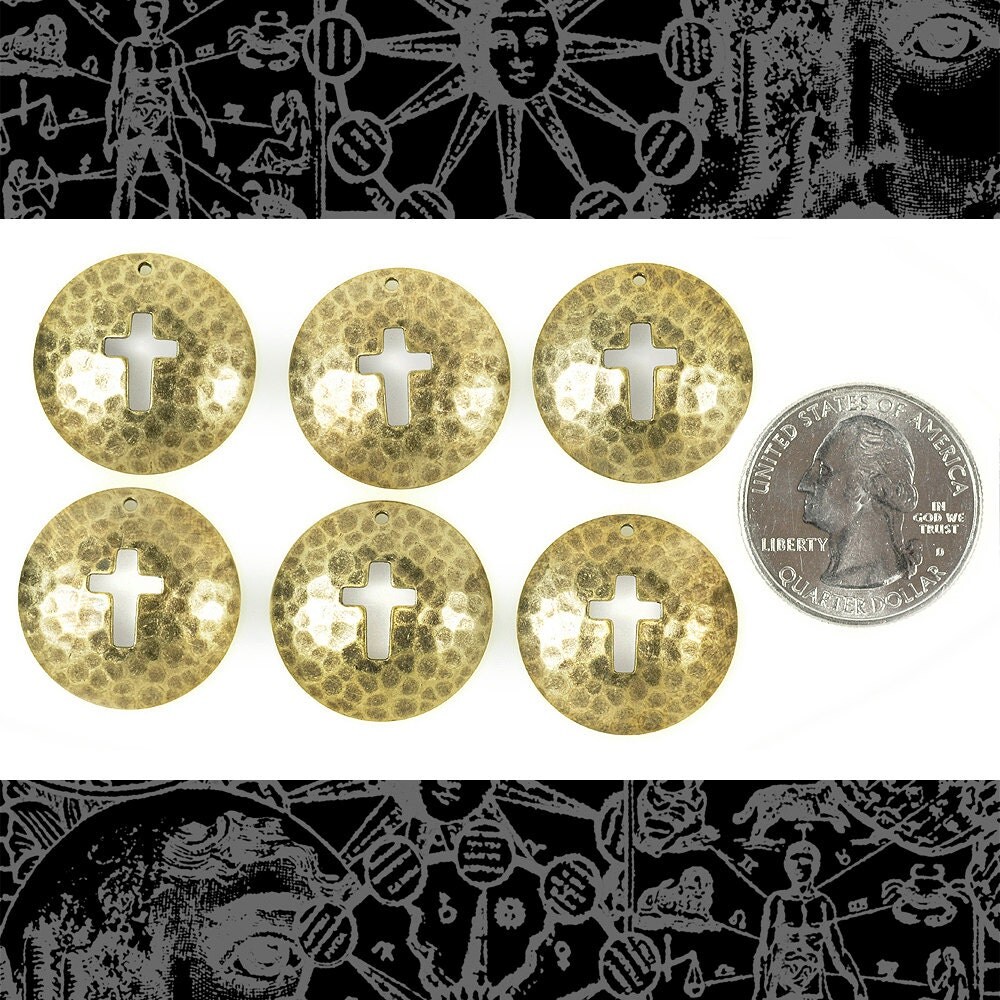 Hammered Disc with Cross Cut-Out Charms - Antiqued Brass - Set of Six - AB-C82