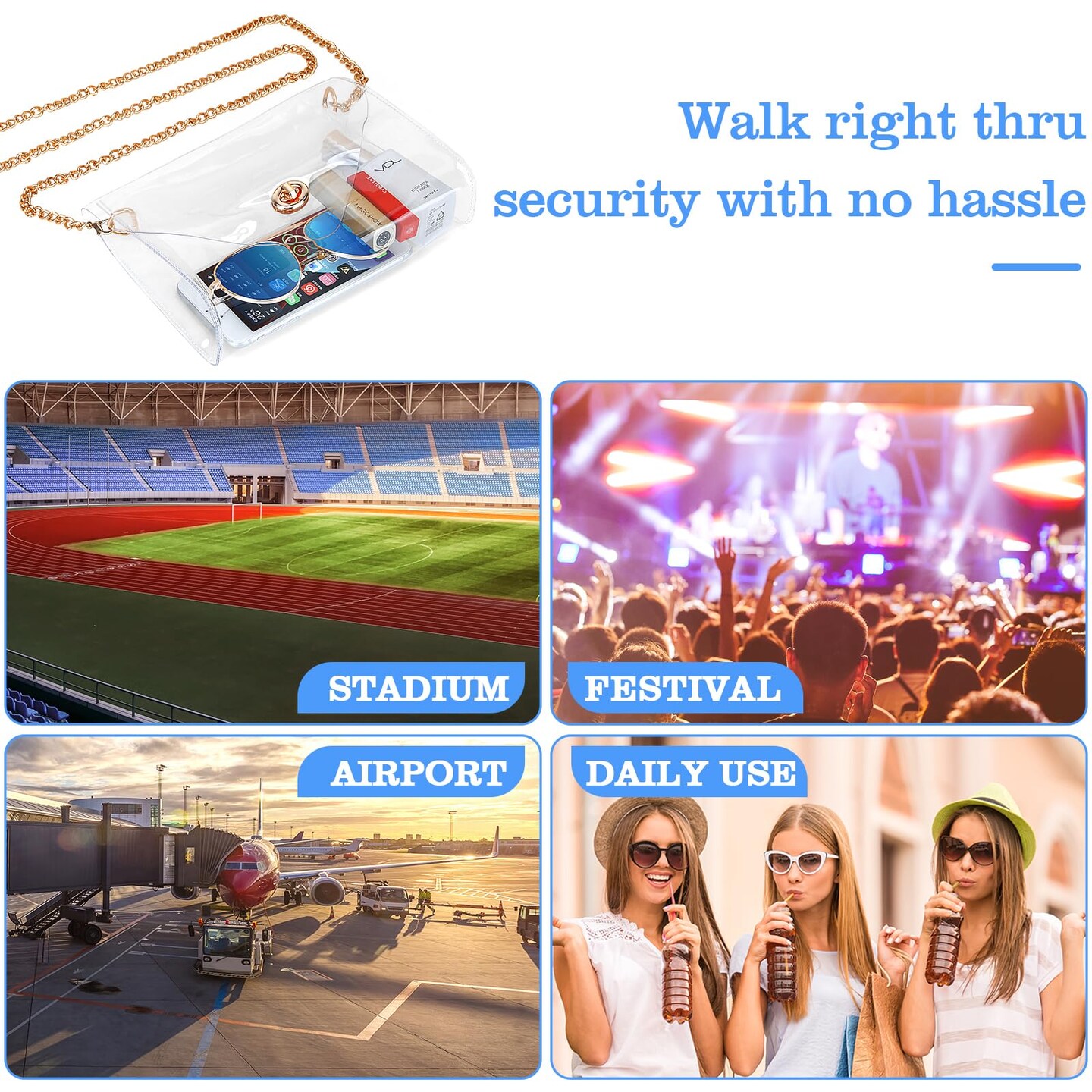 Clear Purse for Women, Clear Bag Stadium Approved, See Through Clear Handbag for Concerts Sports Events (Gold)