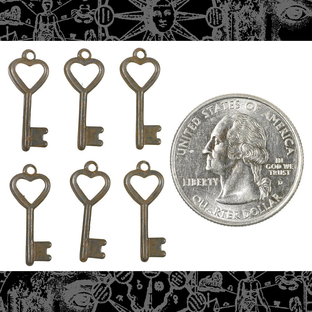 Chocolate Brown Plated Brass Heart Key Charms - Set of Six - RB-C200