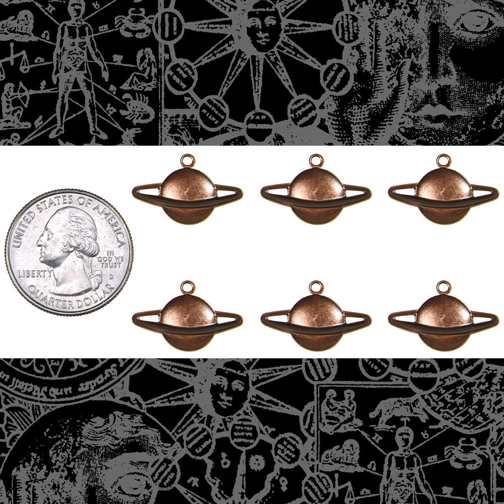 Antiqued Copper Plated Brass Saturn Planet with Ring Charms  -Set of Six - C-C195