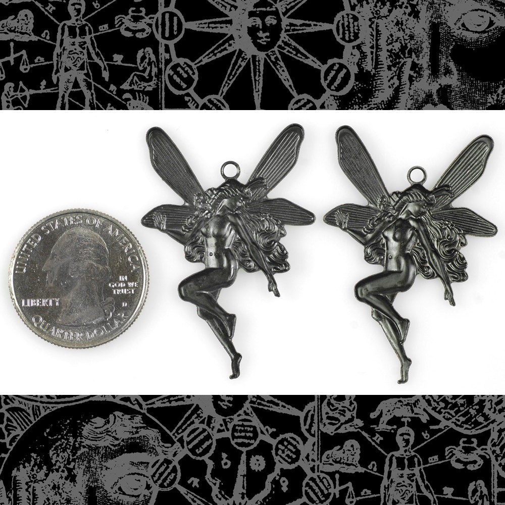 Black Plated Brass Fairy Pendants with One Ring - Set of Two - BB-P80