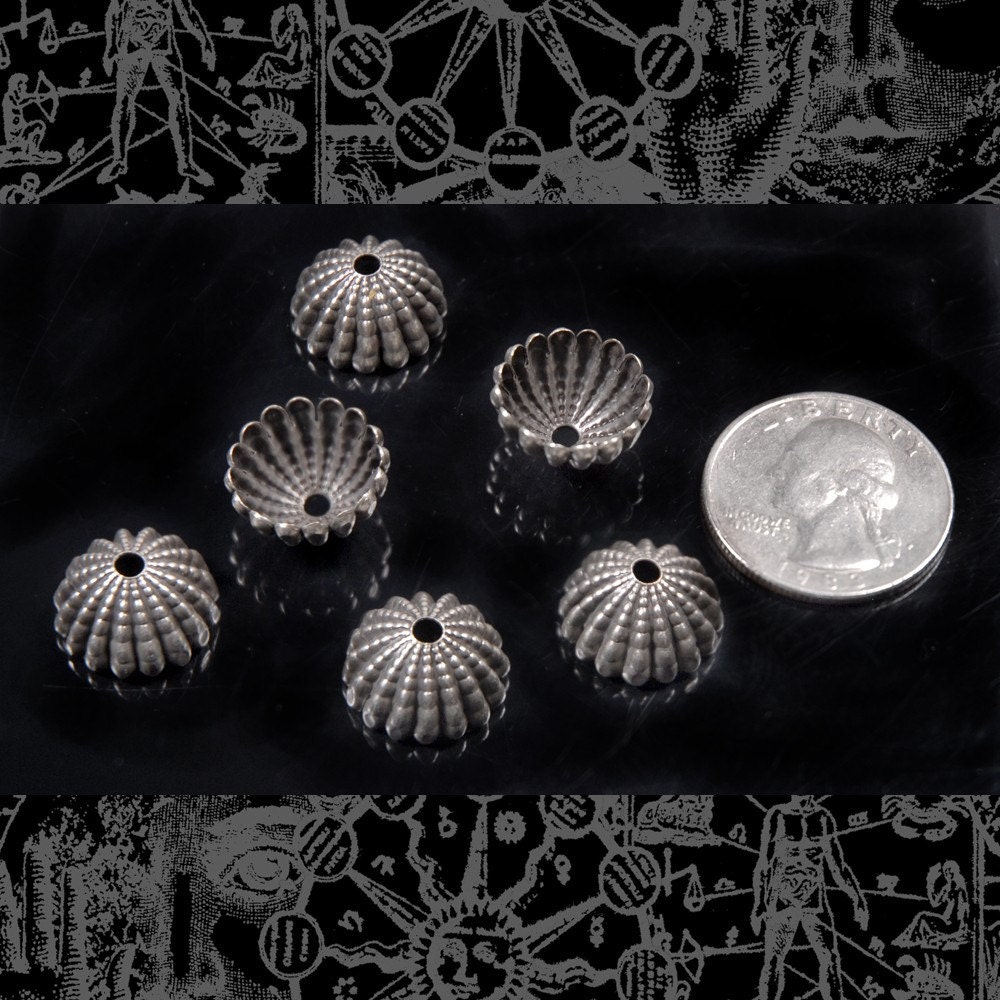 Antiqued Silver Plated Brass Ridged 14mm Bead Caps - Set of Six - S-BC08