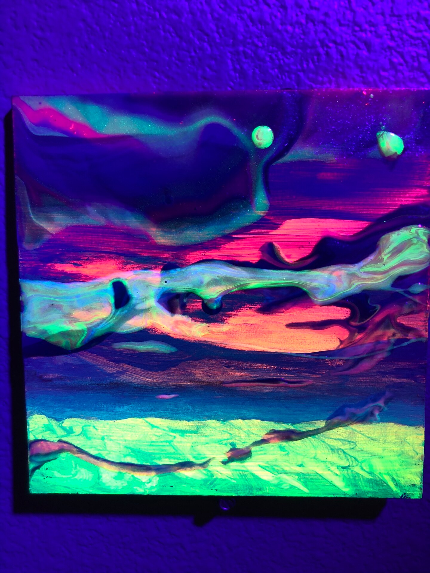 Fluorescent Clouds 2 - Neon Acrylic and Oil Paint on Wood Panel