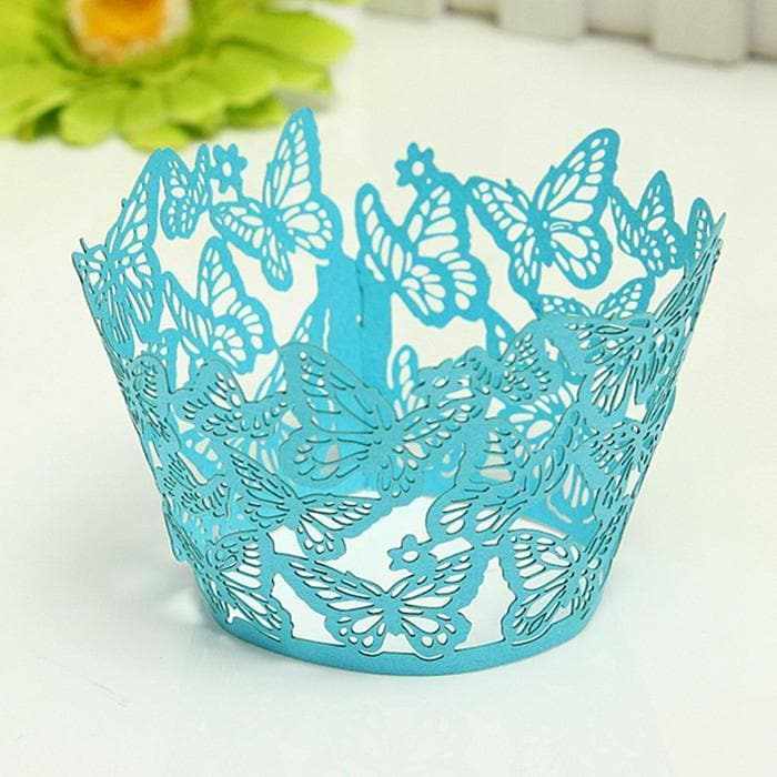 Turquoise Blue Butterfly Lace Cupcake Wrappers &#x26; Liners | 25 PC Set
