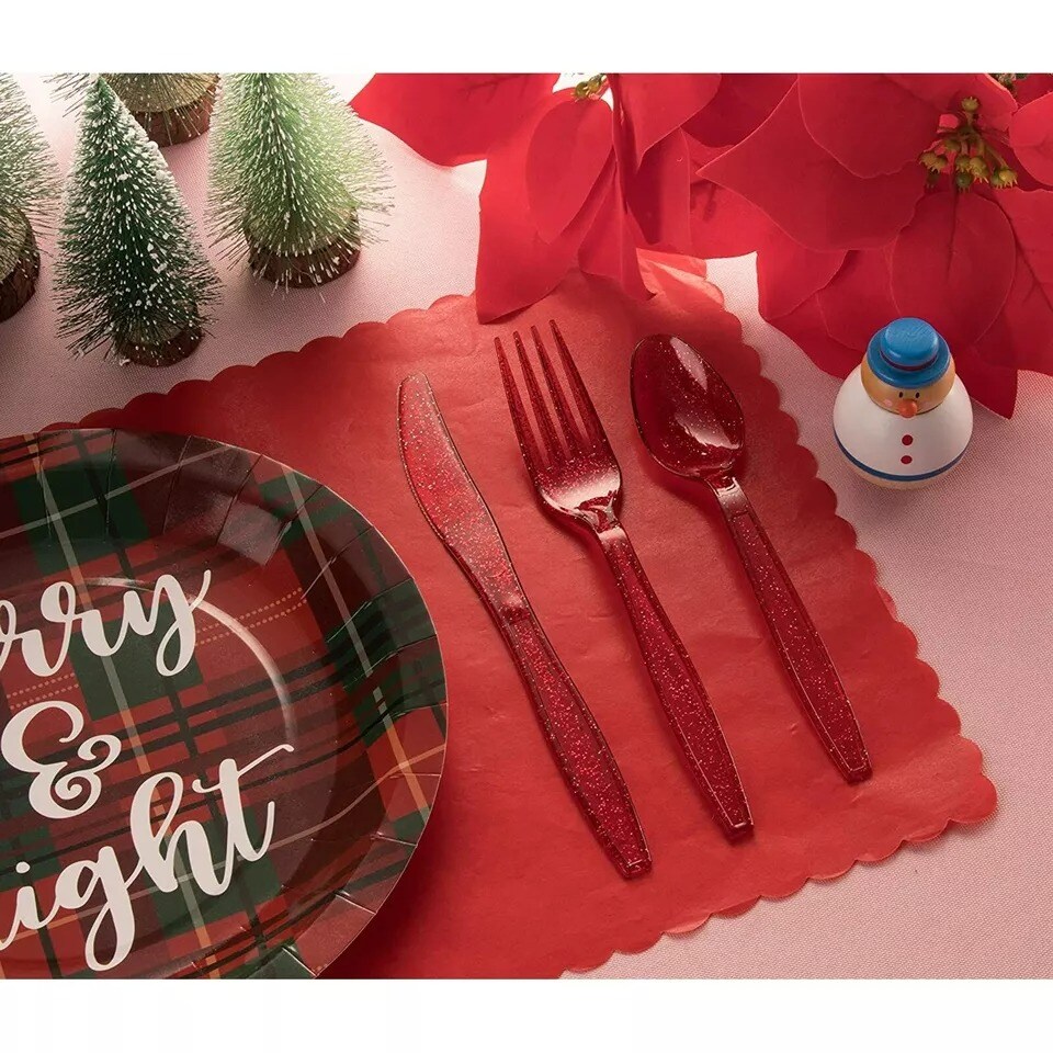 96 Pcs Red Silverware Set Plastic Disposable for Christmas Holiday Party D&#xE9;cor