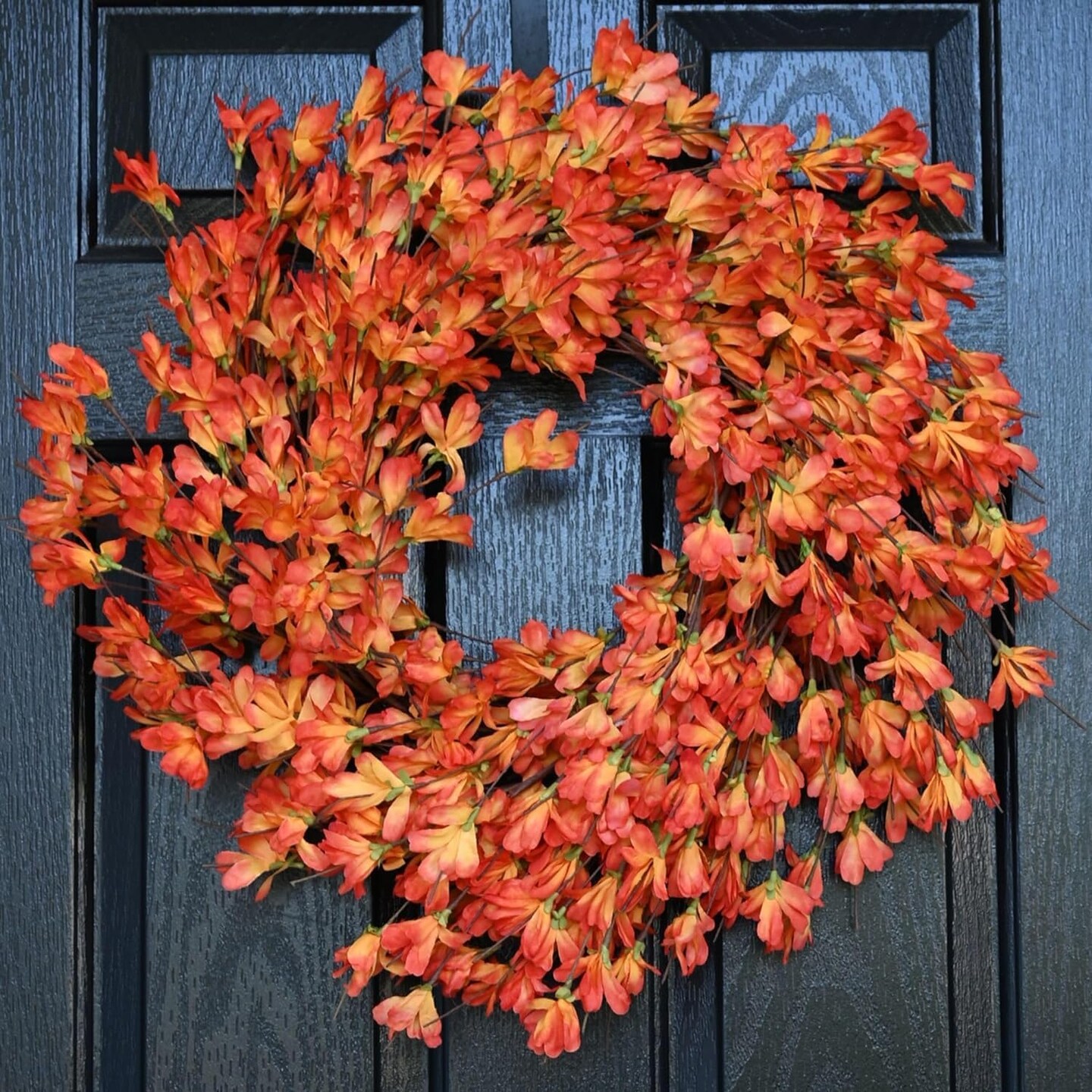 Orange Forsythia Wreath with Handmade Slik Flower Wreath on Grapevine for Wall, Window, Wedding,Thanksgiving Decor and Harvest Festival Celebration