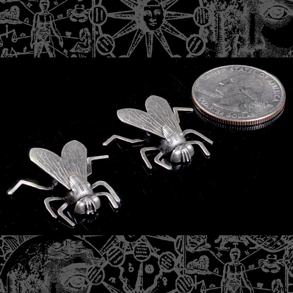 Antiqued Silver Plated Brass Life-Sized Fly Charms with Bendable Legs - Set of Two - XXX - S-C130