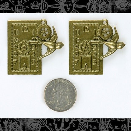 Steampunk Clockface - Gear and Bird Pendant Set Bronze Finish - ZB-P03