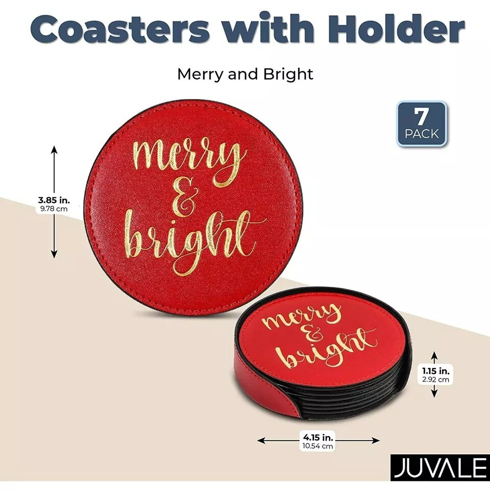 7x Christmas Red Merry and Bright Faux Leather Drink Coasters Gift with Holder