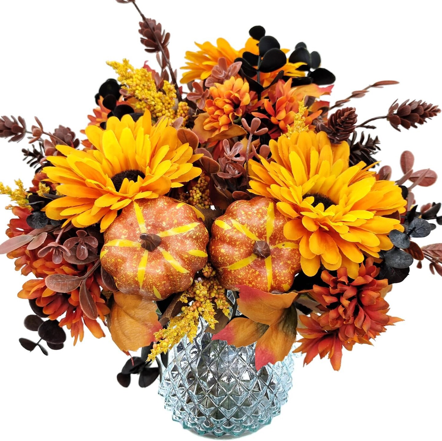 2 Pcs Artificial Fall Flowers Bouquet, Fall Decor Fake Mums Pumpkin Flower Arrangements for Home Wedding Bouquets Kitchen Table Centerpieces Halloween Party Autumn Decoration&#xFF08;No Vase&#xFF09;