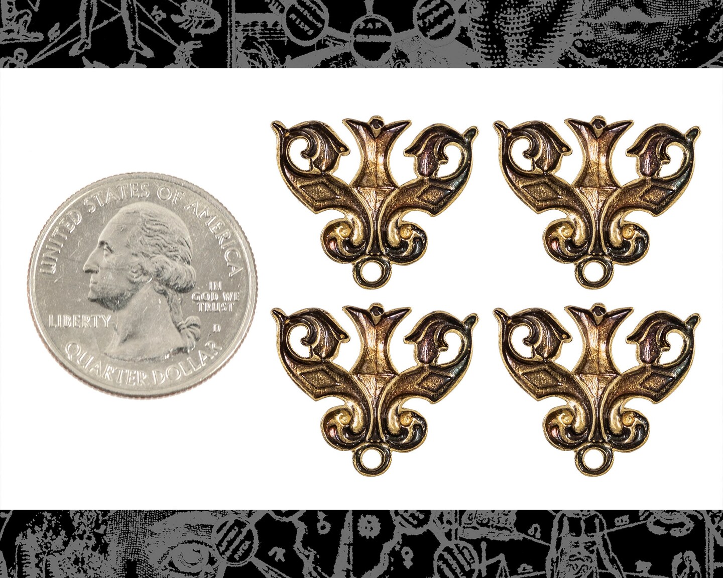 Antiqued Brass Victorian Swirled Three Ring Connectors - Set of Four - AB-3C38
