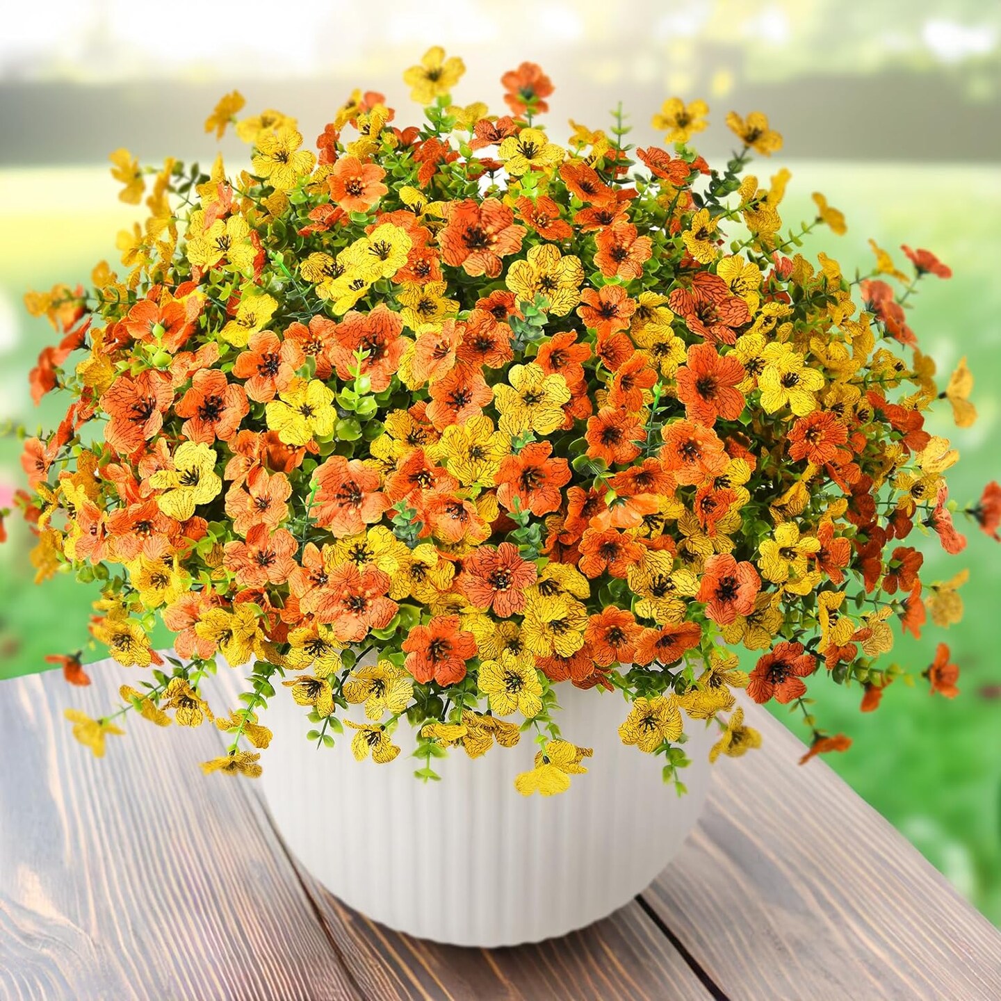 Artificial Faux Plants Flowers Outdoor Fall Decoration, 12 Bundles Fake Silk Colorful Daisy Flowers Look Real UV Resistant No Fade for Garden Porch Window Box Pot Planters Decor(Orange Yellow)