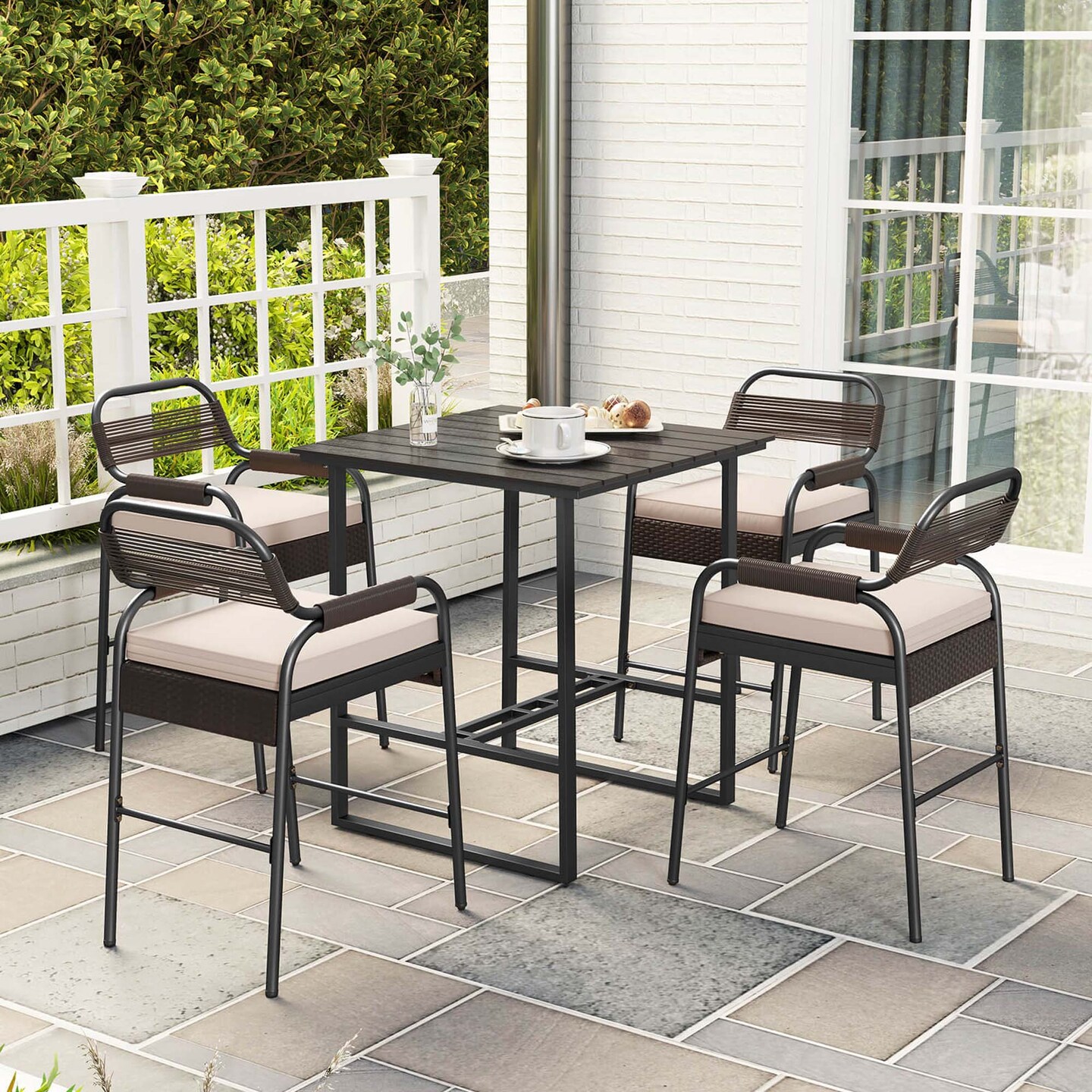 Costway 5-Piece Counter Bar Set Patio Rattan Counter Set with Cushioned Seat