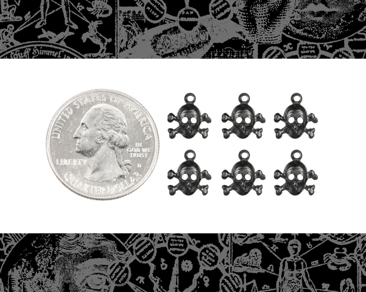 Black Plated Brass Mini Skull and Crossbones Charms - Set of Six - BB-C178