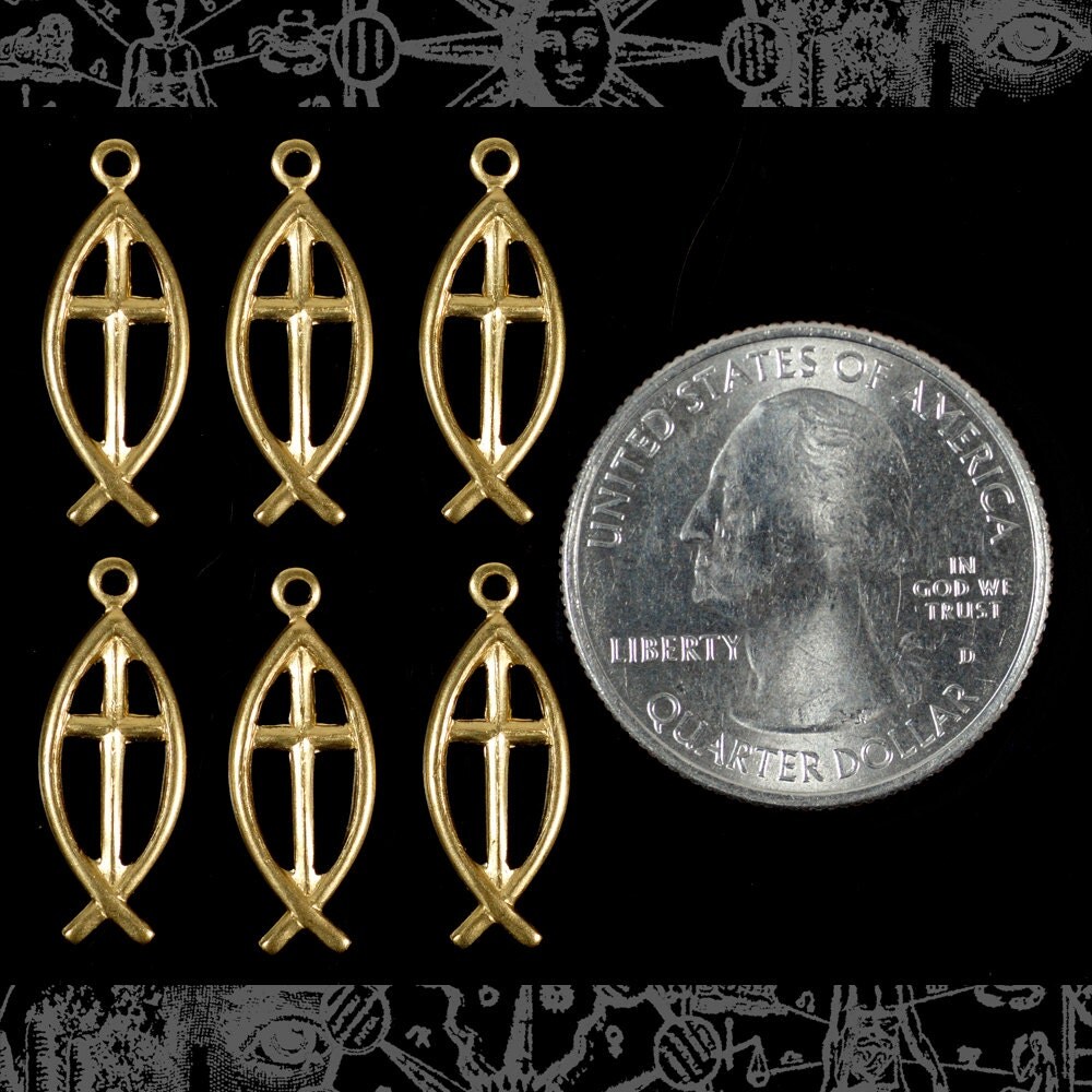 Raw Brass Fisherman&#x27;s Christian Cross Charms - Set of Six - B-C140
