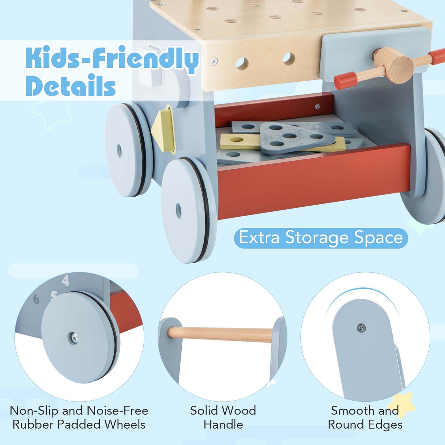 Costway 2-in-1 Wooden Baby Push Walker with Multi-Activity Center & Bottom Storage Toys