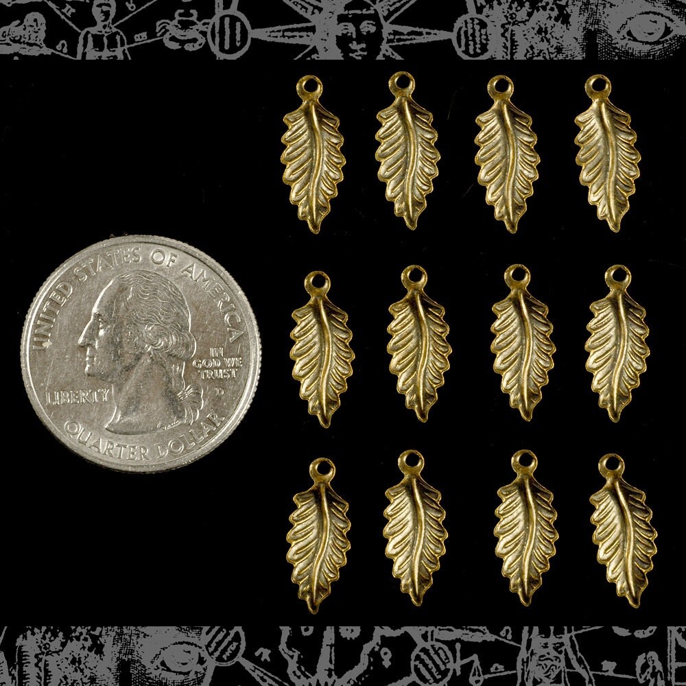 Antiqued Brass Little Pointed Feather Leaves Charms - Set of Twelve - XXX - AB-C25