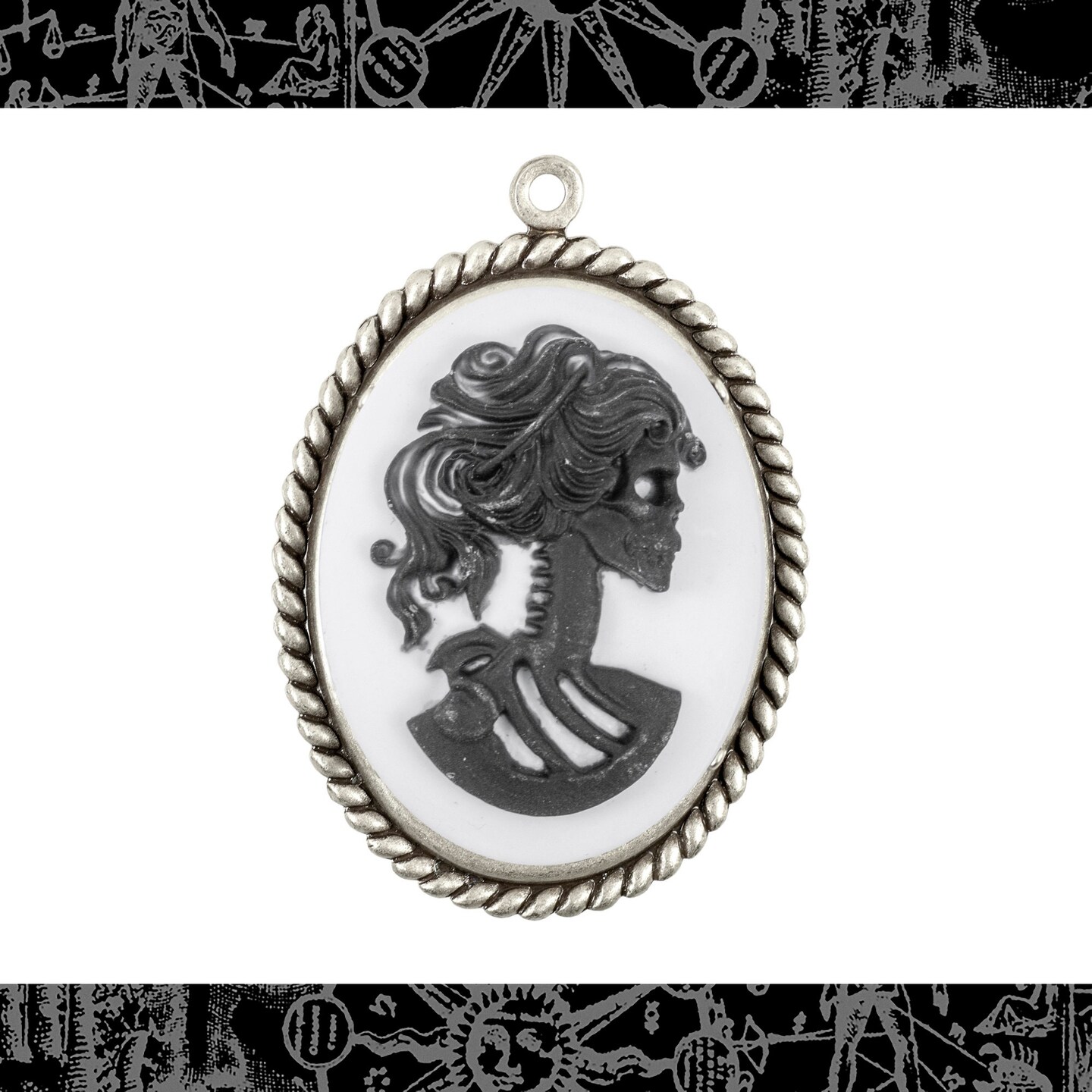 Black on White Skeleton Profile Lolita Resin 30mm x 40mm Cameos - Set of Two - XXX - CAM239