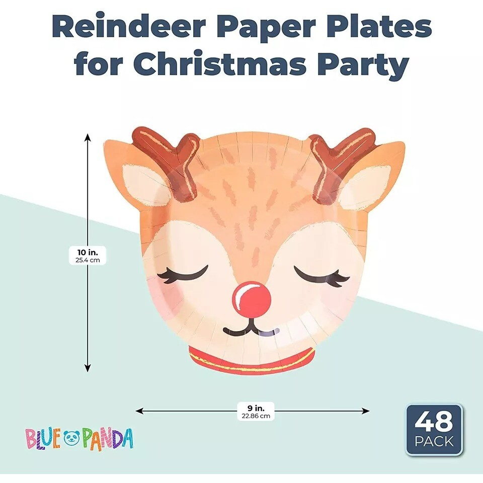 48x Christmas Cute Reindeer Paper Plates for Holiday Party Dinnerware 10x9&#x201D;