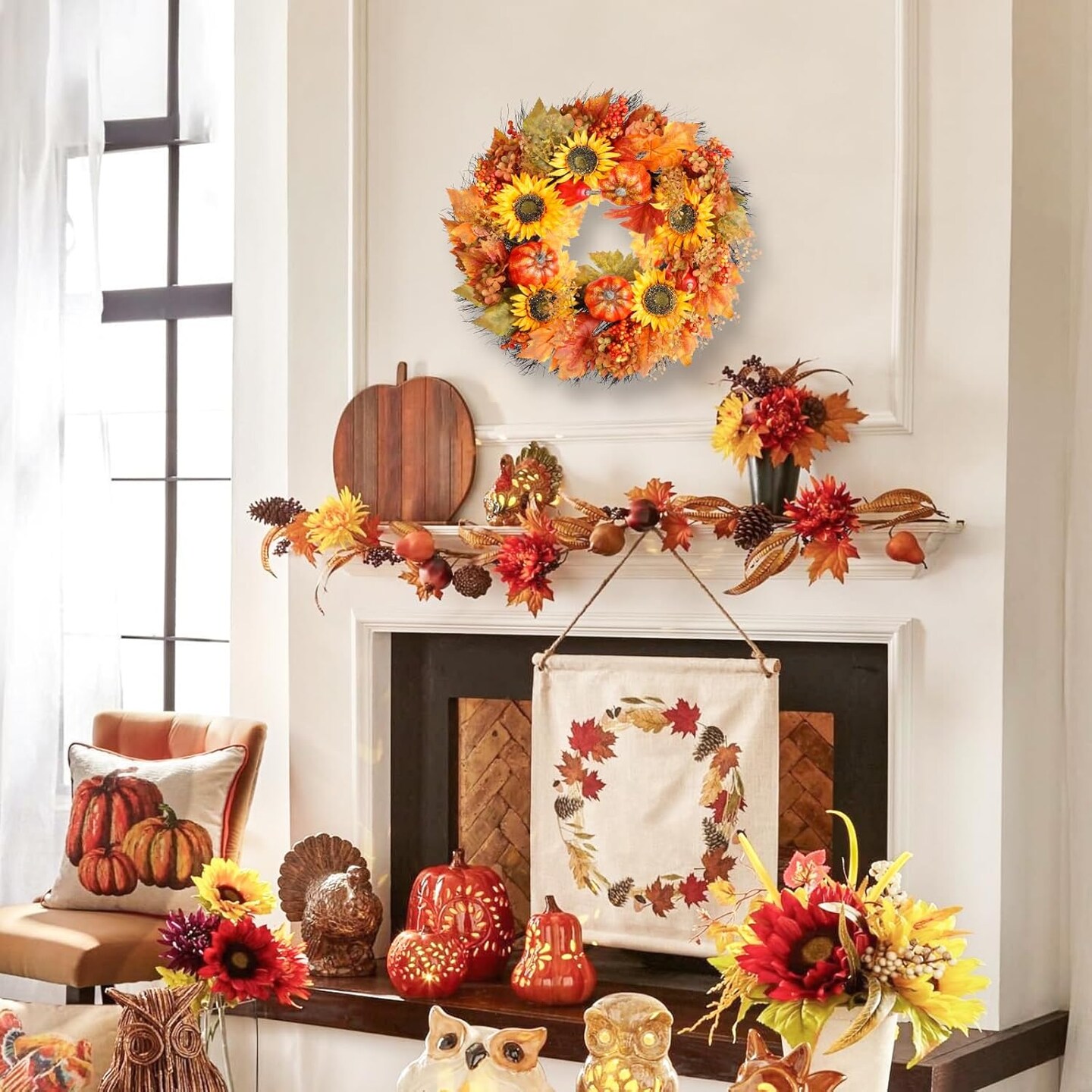 Autumn Wreaths with Featuring Pumpkins, Sunflowers, Daisies and Maple Leaves