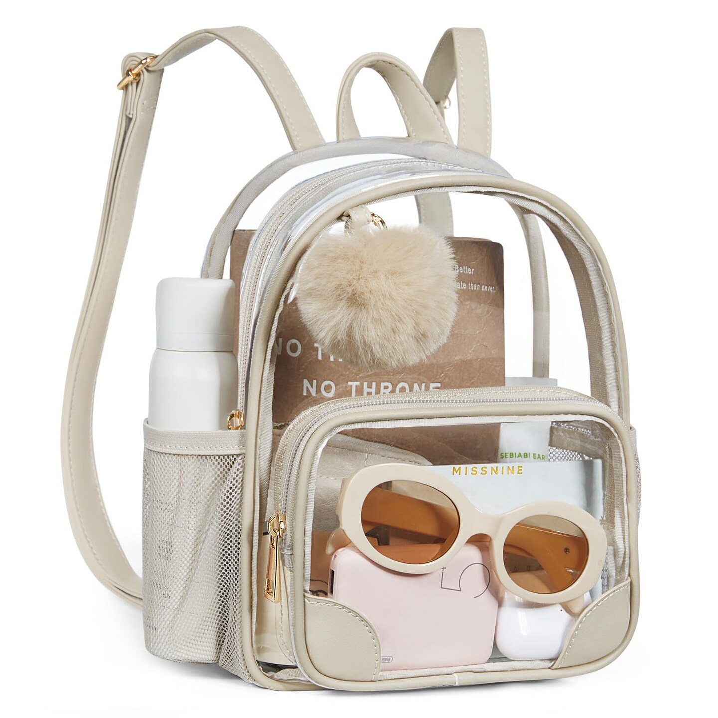 Anti-theft Clear Backpack, Small Mini Clear Bag for Sport Event Concert with Cute Fur Ball